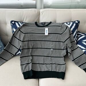 Vintage Retreat dark green and ivory Striped cotton cashmere Crewneck Sweater